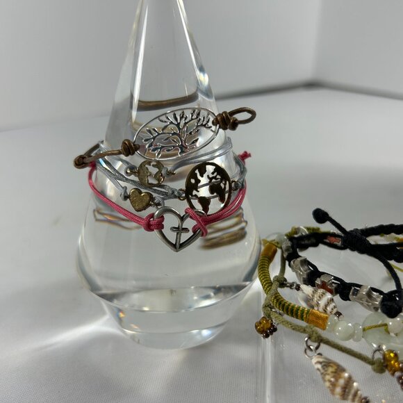 Lot 8 Corded Beaded Bohemian Bracelets Layering Family Cross Heart Tree Shells - Picture 3 of 15